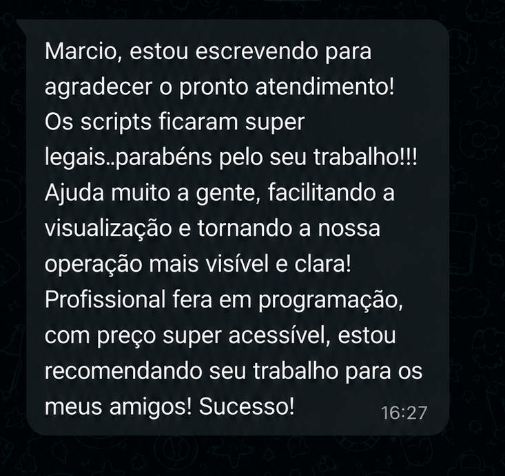 Print de conversa de WhatsApp: usuário agradece ao Marcio pelo atendimento rápido e recomenda o trabalho.